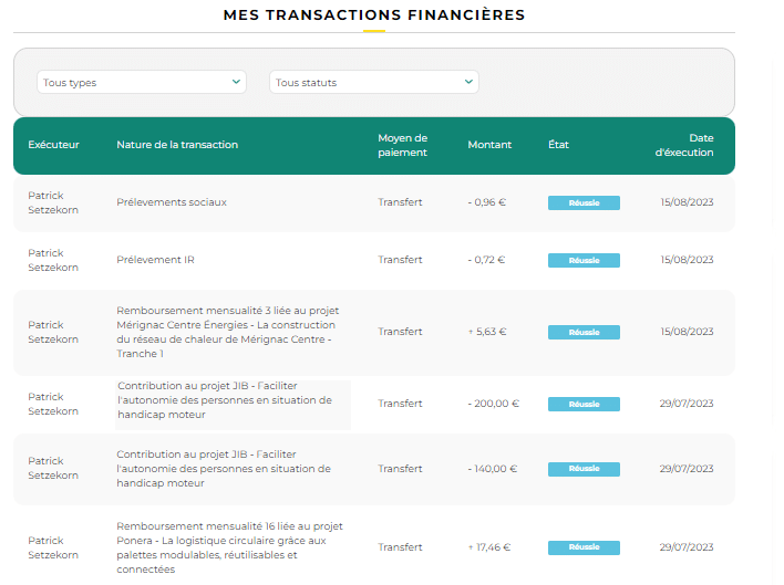 Solylend liste des transactions financières