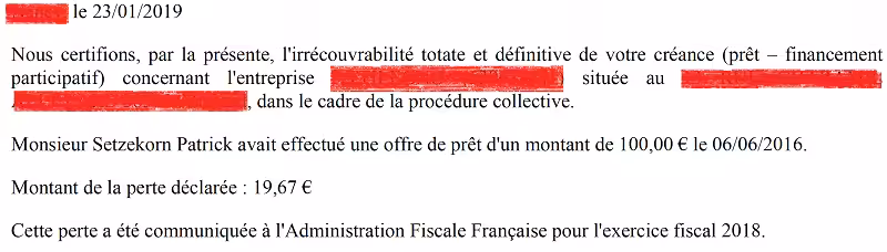 Impôts Crowdfunding - Attestation de perte en capital