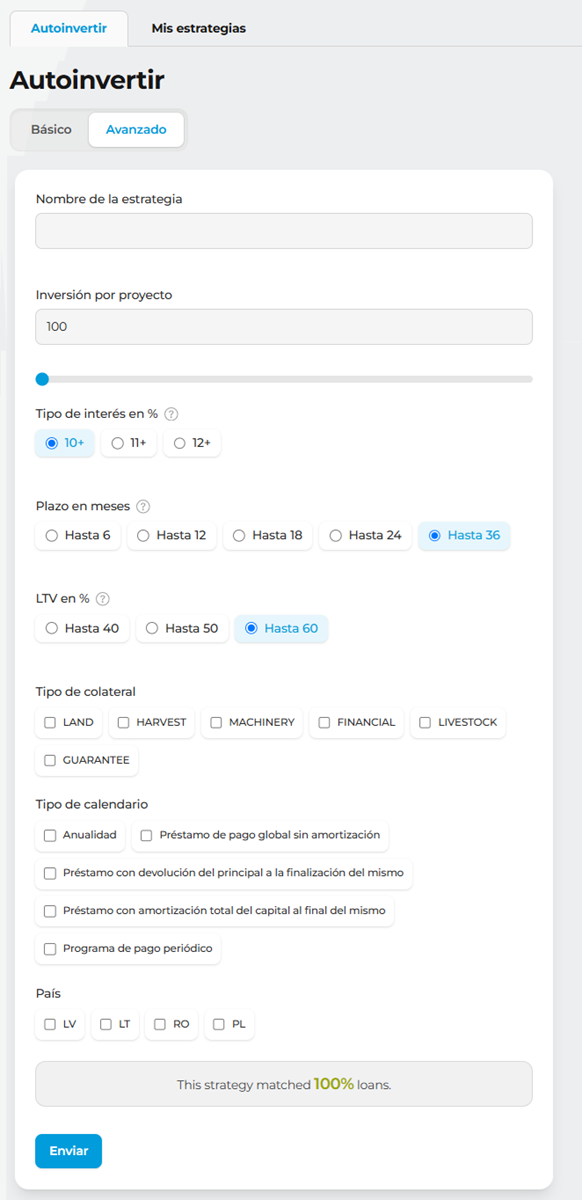 LANDE autoinvertir: configuración de la estrategia avanzada con interés, plazo, LTV, colateral y país