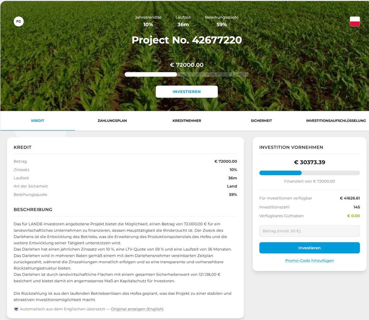LANDE Projektseite eines Agrarkredits in der Finanzierungsphase