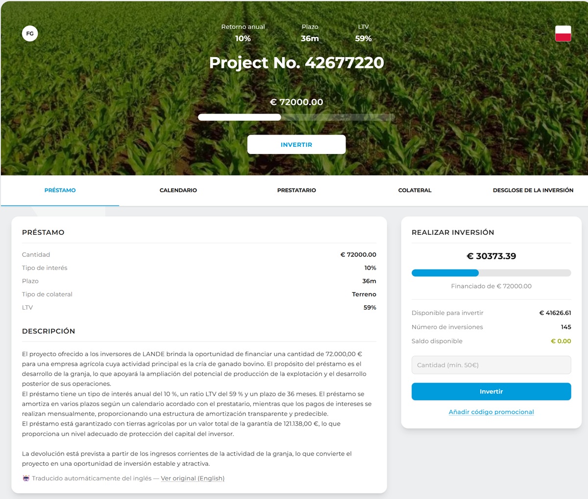 LANDE ficha de un préstamo agrícola en fase de financiación