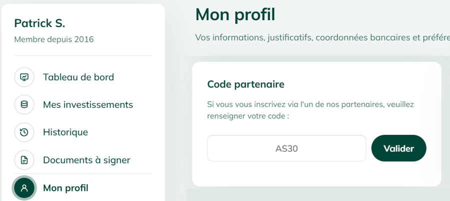 Lendosphere : où saisir le code partenaire dans la rubrique « Mon profil »